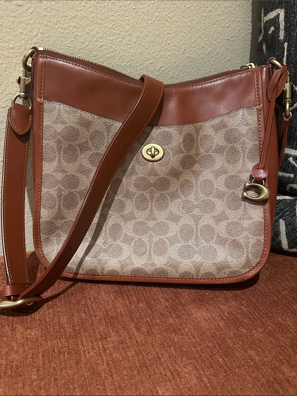 Coach Tan and Brown Signature Canvas Crossbody with Leather Trim